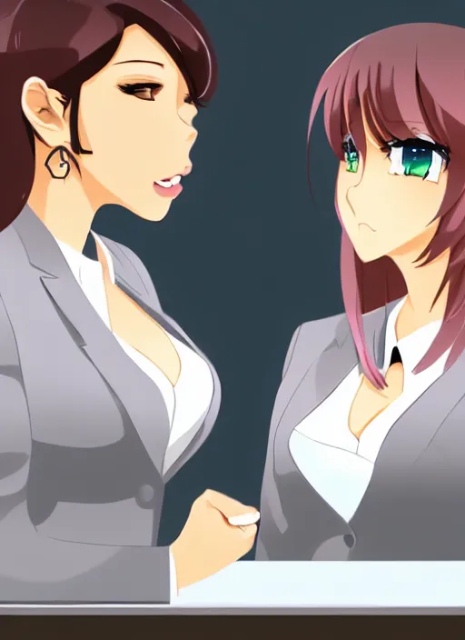 Image similar to two beautiful office ladies talking at work, gorgeous faces, thick lines, cinematic lighting, detailed anime art