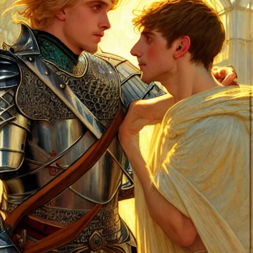 Image similar to attractive arthur pendragon and his favourite attractive male knight, they are in love, camelot, natural lighting, path traced, highly detailed, high quality, digital painting, by gaston bussiere and ross tran and j. c. leyendecker and alphonse mucha