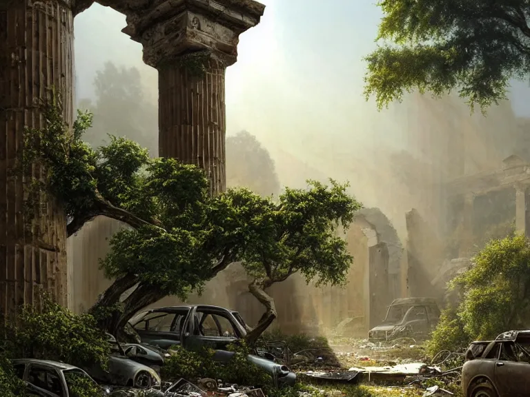 Image similar to a tree growing in ancient greek ruins, gray wasteland, many scrap cars, trash, rubble, overgrown, pillars and arches, flowers, vines, hyperrealistic, highly detailed, cinematic, ray of golden sunlight shining on the tree, beautiful, cgssociety, artstation, 8 k, oil painting by greg rutkowski, by artgerm, by wlop