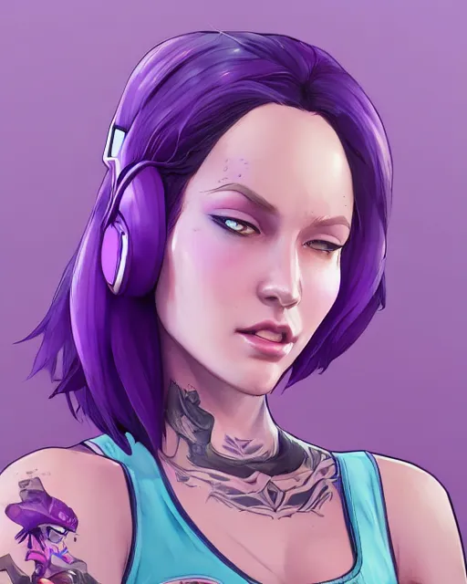 Image similar to beautiful female purple hair tattoo symmetrical face eyes headset twitch streamer full length fantasy art apex fortnite Video game icon, 2d game art gta5 cover , official fanart behance hd artstation by Jesper Ejsing, by RHADS, Makoto Shinkai and Lois van baarle, ilya kuvshinov, rossdraws