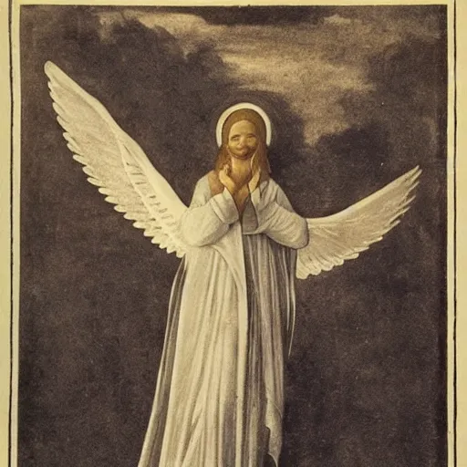 Image similar to a photo of an angel who has six wings : with two to cover his face, and with two to cover his feet, and with two he flew.