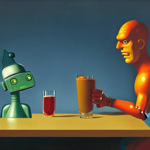 Image similar to a futurama-robot having a drink with his best friend Phillip Fry by Raphael, Hopper, and Rene Magritte. detailed, romantic, enchanting, trending on artstation.