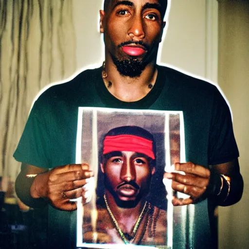 Prompt: man holding up a portrait of tupac cinestill, 800t, 35mm, full-HD