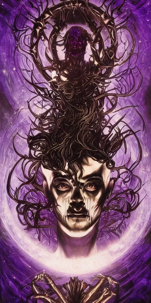 Image similar to intense glowing black metal pagan god with horns and veins and intense glowing eyes and a skull in very dark cosmic space by karol bak and artgerm and alphonse mucha, portrait, fantasy, clear, light beams, lens flare, intense, uhd, amazing depth, cinematic lighting, purple and violet and indigo and blue