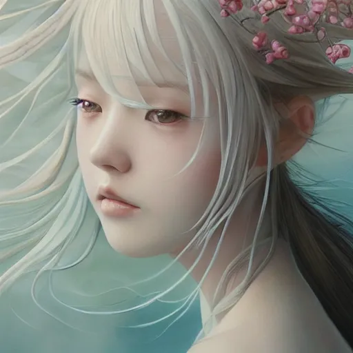 Prompt: Females Portrait by Miho Hirano, Ross Tran and Ilya Kuvshinov, realistic, detailed, white, light pink tonalities, beautiful collage technique including flora, sea, wind, ornate sea background, beautiful Fantasy detailed trending on artstation, oil painting,Dramatic lighting, eterea , high quality print, fine art with subtle redshift rendering