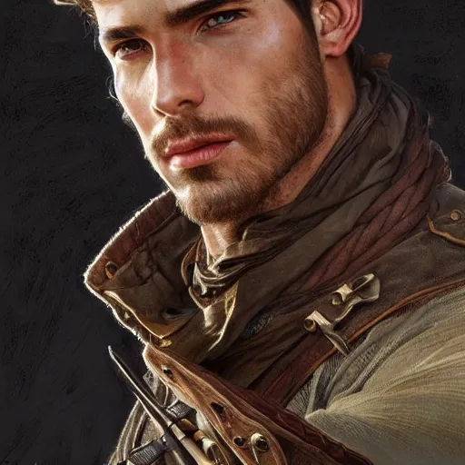 Image similar to portrait of a young, rugged ranger, handsome, muscular, half body, leather, smirk, fantasy, intricate, elegant, highly detailed, digital painting, artstation, concept art, smooth, sharp focus, illustration, art by artgerm and greg rutkowski and alphonse mucha