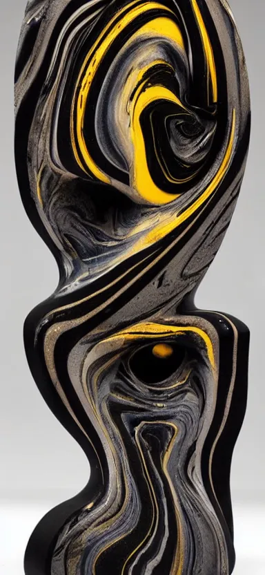 Prompt: epic, abstract sculpture of beautiful female face and black swirling marbling liquifying acrylic sculpture, clouds, golden hour, beautiful light, 3 d sculpture of carving marble, dark colors, dark mood, one point lightning