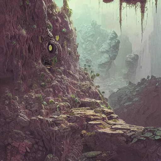 Image similar to Plants made of flesh growing in a rocky crevice, pulsating, veins, infestation, intricate, highly detailed, digital painting, artstation, concept art, sharp focus, illustration, art by greg rutkowski and alphonse mucha