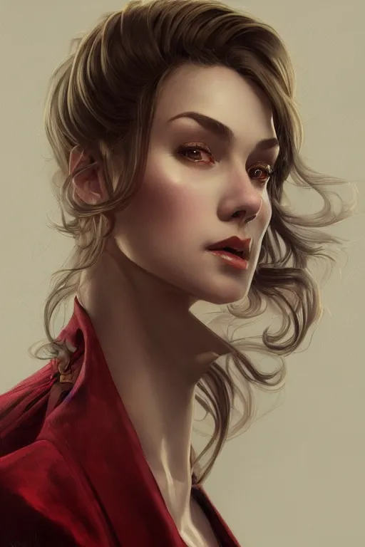 Image similar to a girl wearing a golden dress, grey hair, red necktie, cinematic, stunning, highly detailed, digital painting, artstation, smooth, hard focus, full body shot, illustration, art by artgerm and greg rutkowski and alphonse mucha