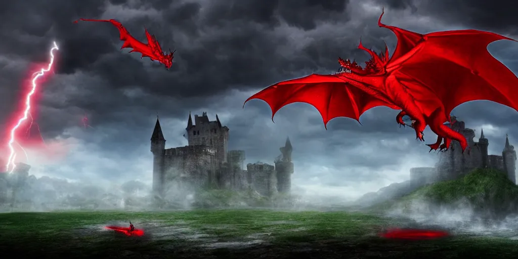 Prompt: A huge red dragon swoops past an imposing medieval castle, fire, dark fantasy, stormy sky, volumetric lightning, digital art