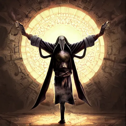 Image similar to 4K headshot portrait of godlike Plague Doctor of Nazareth with defined arms and open hands and bloody clothes with giant mandala wings , intricate face , flawless anime cel animation by Kentaro Miura, psychedelic , highly detailed upper body , professionally post-processed , beautiful, scary, symmetry accurate features, epic, octane rendered, anime masterpiece, accurate by Craig Mullins, ilya kuvshinov, krenz cushart, epic , artgerm trending on artstation by Edward Hopper and Dan Mumford and WLOP and Rutkovsky, beksinski carl spitzweg moebius and tuomas kocar, intricate artwork by caravaggio, Unreal Engine 5, Lumen, Nanite