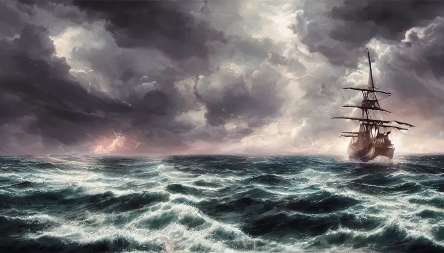 Image similar to ship from one piece sailing, dynamic sky, storm sky, with light piercing through stormy clouds, birds near the ship, rough sea, crepuscular rays, volumetric lighting, pixiv art, cgsociety, highly detailed, anime art, greg rutkowski, symmetrical, artgerm, wlop, anime art