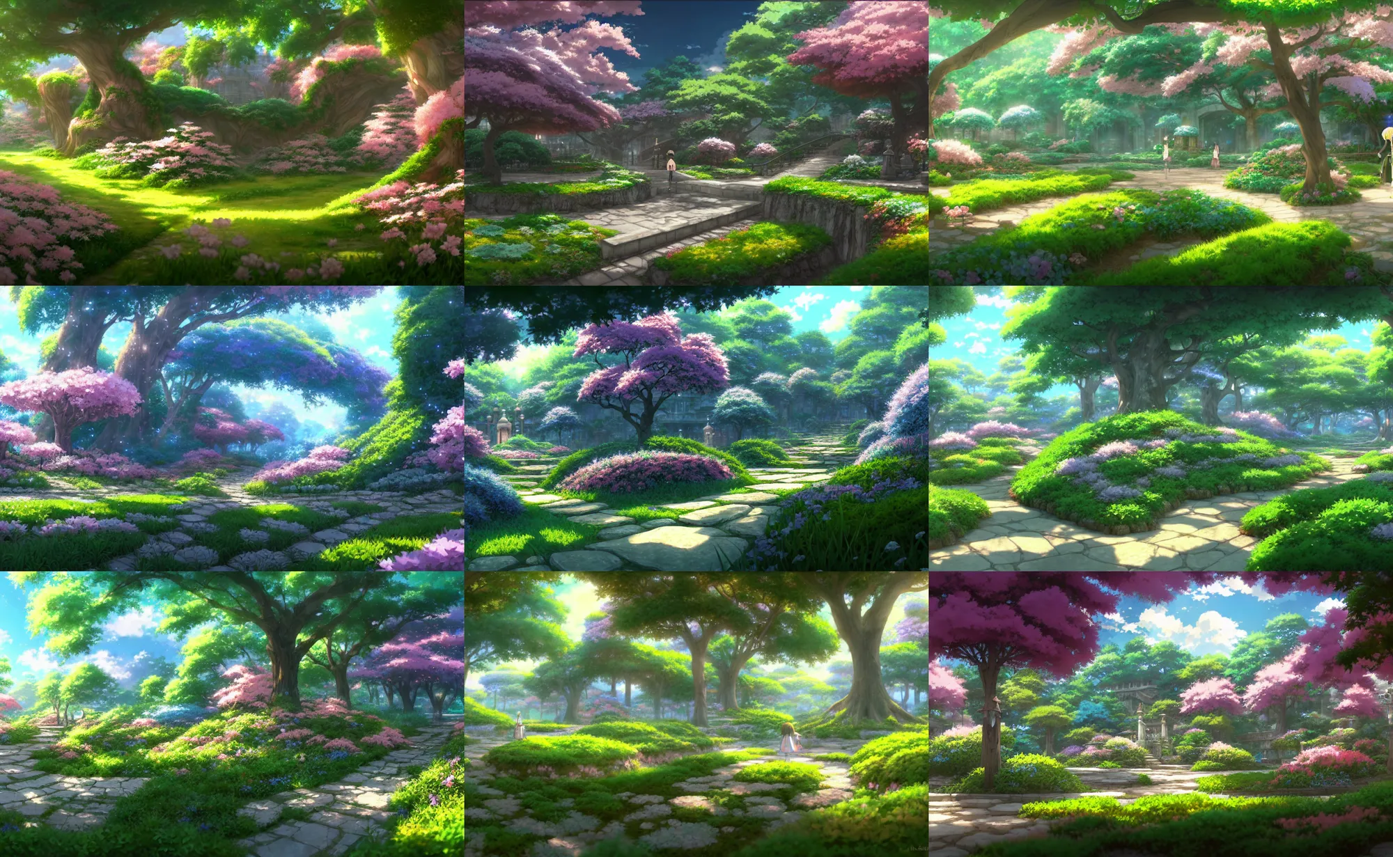 Prompt: an anime movie background matte painting of a secret spring garden, fantasy, by makoto shinkai, trending on artstation, highly detailed