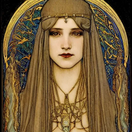 Prompt: beautiful young medieval queen portrait by jean delville, art nouveau, symbolist, visionary, gothic