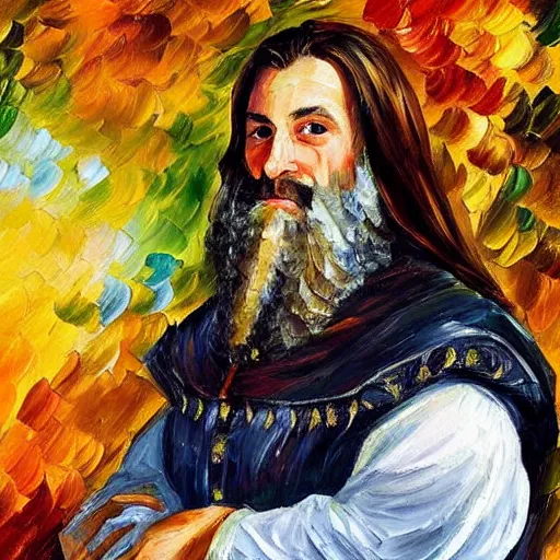 Image similar to portrait of a medieval nobleman with a long face, long brown hair and a closely - trimmed beard which is beginning to go grey. by leonid afremov