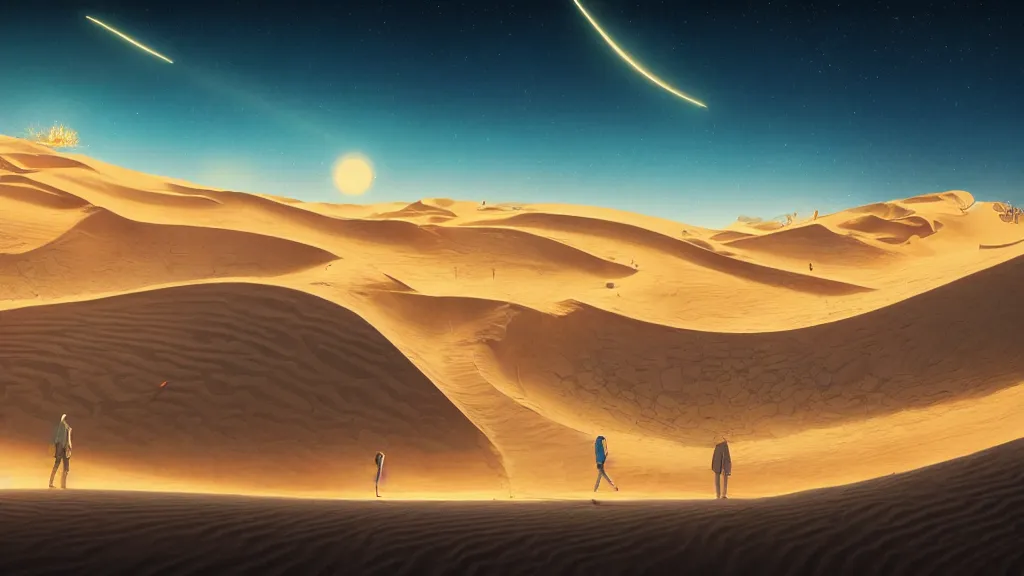 Image similar to highly detailed illustration of high exposure sand dunes at night by makoto shinkai, by oliver vernon, by joseph moncada, by damon soule, by manabu ikeda, by kyle hotz, by dan mumford, by otomo, 4 k resolution