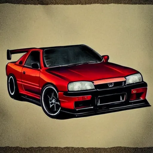 Prompt: beautiful illustration of a ninja driving a modified Nissan skyline r34 with red liquid on it