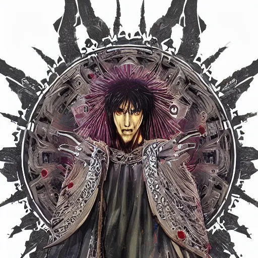 Image similar to 4K headshot portrait of godlike Warlock of Nazareth with defined arms and open hands and bloody clothes with giant mandala wings , intricate face , flawless anime cel animation by Kentaro Miura, psychedelic , highly detailed upper body , professionally post-processed , beautiful, scary, symmetry accurate features, epic, octane rendered, anime masterpiece, accurate by Craig Mullins, ilya kuvshinov, krenz cushart, epic , artgerm trending on artstation by Edward Hopper and Dan Mumford and WLOP and Rutkovsky, beksinski carl spitzweg moebius and tuomas kocar, intricate artwork by caravaggio, Unreal Engine 5, Lumen, Nanite