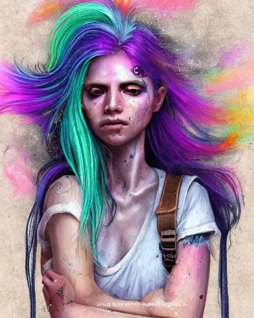 Prompt: grungy woman with rainbow hair, soft eyes and narrow chin, dainty figure, long hair straight down, torn overalls, nebula background, side boob, blows smoke, wet shirt, wet, raining, highly detailed face, realistic face, beautiful detailed eyes, fantasy art, in the style of greg rutkowski, illustration, epic, fantasy, intricate, hyper detailed, artstation, concept art, smooth, sharp focus, ray tracing, vibrant,