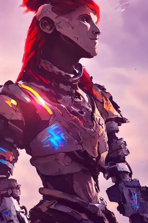 Image similar to combination suit armor aloy horizon forbidden west horizon zero dawn radiating a glowing aura global illumination ray tracing hdr fanart arstation by ian pesty and alena aenami artworks in 4 k tribal robot ninja mask helmet backpack