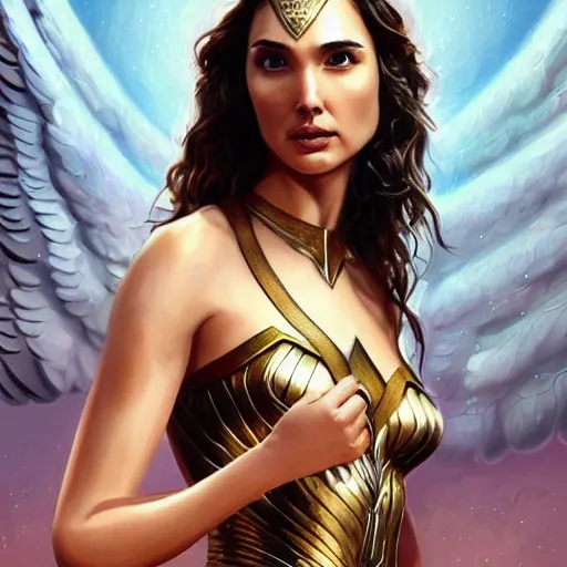 Image similar to Full body potrait of Gal Gadot as an angel, fantasy, intricate, elegant, highly detailed, digital painting, smooth, sharp focus, illustration
