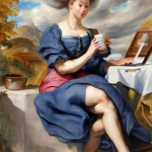 Prompt: heavenly summer sharp land sphere scallop well dressed lady working on her laptop while drinking a starbucks coffee, auslese, by peter paul rubens and eugene delacroix and karol bak, hyperrealism, digital illustration, fauvist