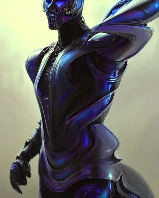 Prompt: character concept of iridescent sinewy smooth muscular male sleek glossy indigo black pearlescent scifi armor with smooth black featureless helmet, made of liquid metal, by greg rutkowski, mark brookes, jim burns, tom bagshaw, magali villeneuve, trending on artstation