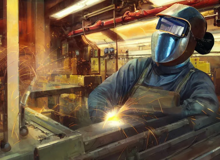 Image similar to welder with welding masks in subway, leaning forward, in the style of craig mullins