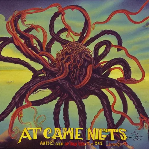 Image similar to attack of the flying spaghetti monster, movie art poster, by gerard brom and ansel adams