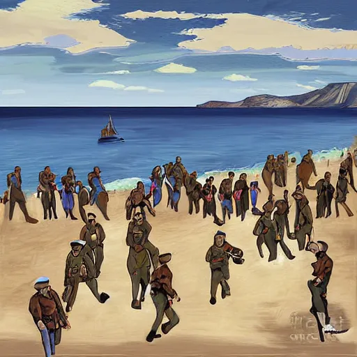 Prompt: This digital art depicts a scene from the Spanish Civil War, which was a time of great turmoil and strife in Spain. The digital art shows a group of people on a beach, with the ocean in the background. The people in the digital art are all different sizes and shapes, and they are all looking in different directions. The digital art is full of color and movement, and it is very expressive. The digital art is also very powerful and emotional, and it has a very strong impact on the viewer. by Linnea Strid amorphous, quiet