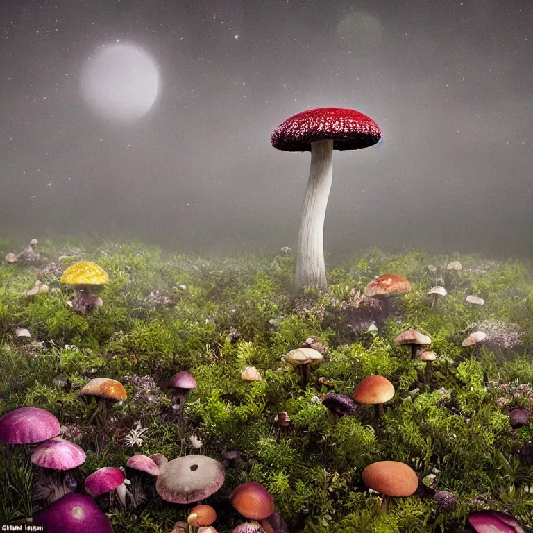 Image similar to a planet of various fungus, mushrooms, flowers and plants, inside the picture is infinity, Atmospheric, artistic photography, conceptual, long exposure outside the city, volumetric light