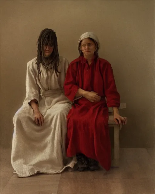 Image similar to portrait of 2 peasant woman with wet hair in a steam bath, minimalistic interior, soviet style, Cinematic focus, Polaroid photo, vintage, neutral colors, soft light, foggy, by Steve Hanks, by Serov Valentin, by lisa yuskavage, by Andrei Tarkovsky 8k render, detailed, oil on canvas