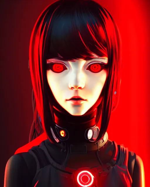 Image similar to a detailed potrait of a cyberpunk cyborg girl with black and red parts, perfect face, realistic shaded perfect face, detailed. night setting. very anime style. realistic shaded lighting poster by ilya kuvshinov katsuhiro, unreal engine, global illumination, radiant light, detailed and intricate environment