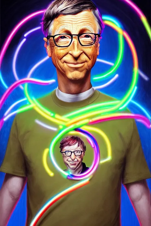 Image similar to a award winning half body portrait of a bill gates with stunning eyes in a croptop and cargo pants with rainbow colored hair, outlined by whirling illuminated neon lines and fine lines swirling in circles by jesper ejsing and rhads and makoto and shinkai and lois van baarle, digital art, trending on artstation