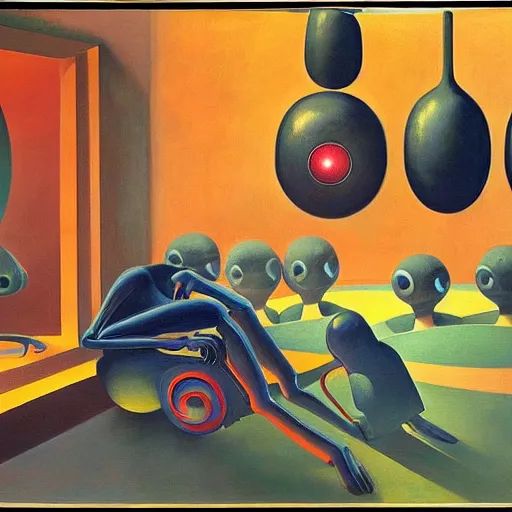 Image similar to three biomorphic robotic seers watchers oracles soothsayers with glowing eyes, inside a dome, pj crook, grant wood, edward hopper, syd mead, chiaroscuro, oil on canvas