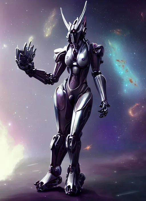 Image similar to cinematic goddess shot, cosmic sized perfectly proportioned stunning beautiful hot anthropomorphic robot mecha female dragon, in space, nebula sized, larger than galaxies, galaxy floating in palm, sleek silver armor, epic proportions, epic size, epic scale, digital art, furry art, macro art, dragon art, giantess art, warframe fanart, furaffinity, deviantart