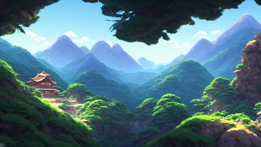 Image similar to mountainside landscape, studio ghibli, pixar and disney animation, sharp, rendered in unreal engine 5, highly detailed, digital painting, artstation, concept art, smooth, sharp focus, illustration, wide angle, artbook, wallpaper, splash art, promo art, dramatic lighting, art by artgerm and greg rutkowski and bo chen and jin xiaodi