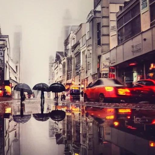 Image similar to a beautiful city in rainy day, reflection on the roads, lots of light, cars, people with umbrella, cinematic