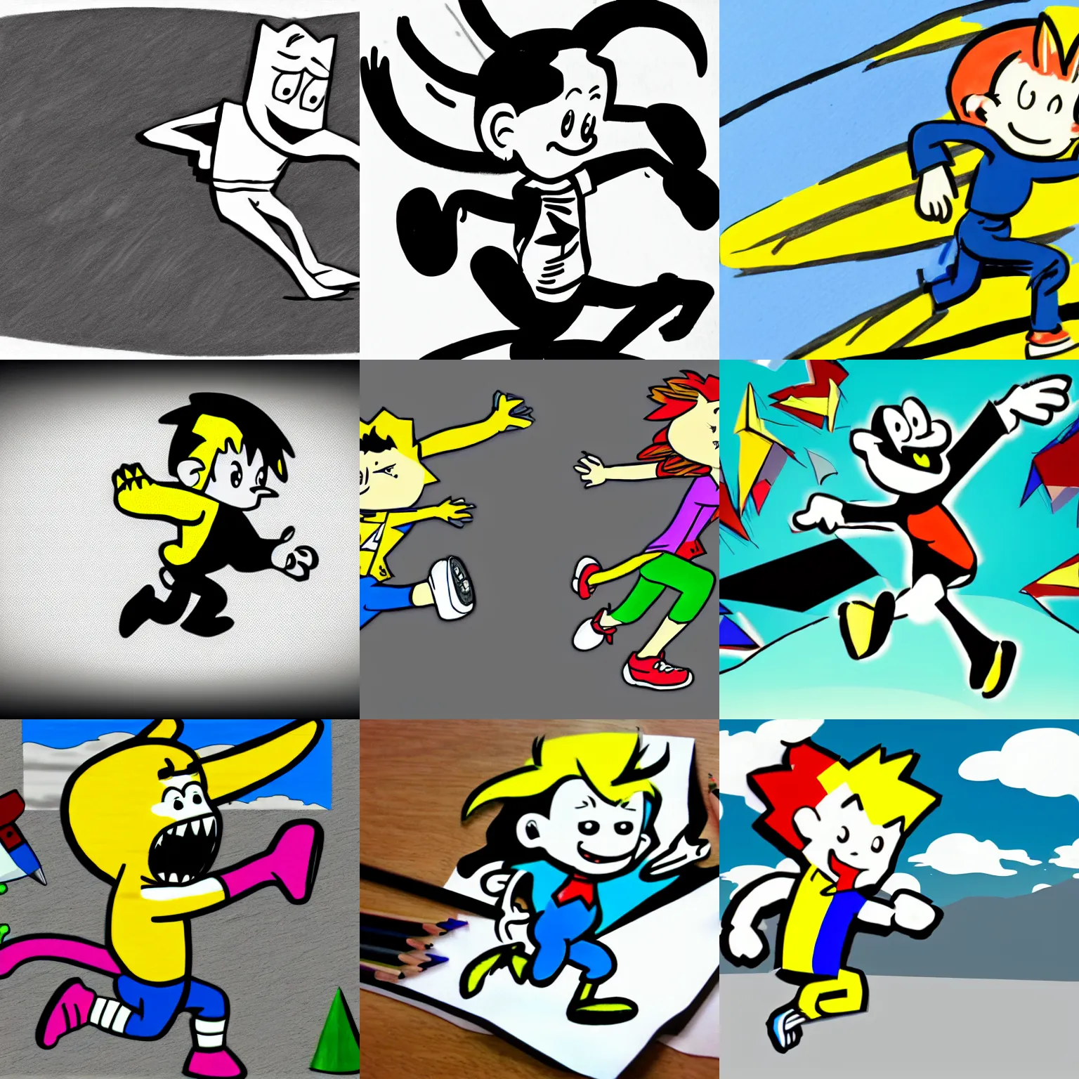 Prompt: a drawing of a cartoon character running, a child's drawing by lichtenstein, deviantart contest winner, sots art, 2 d game art, rendered in maya, masterpiece