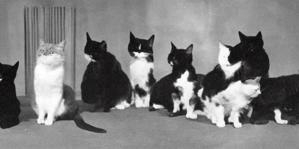 Image similar to very old black and white photo from 1898, film grain, a very serious professor cat is trying to teach the meaning of the universe to a room full of idiot dogs funny