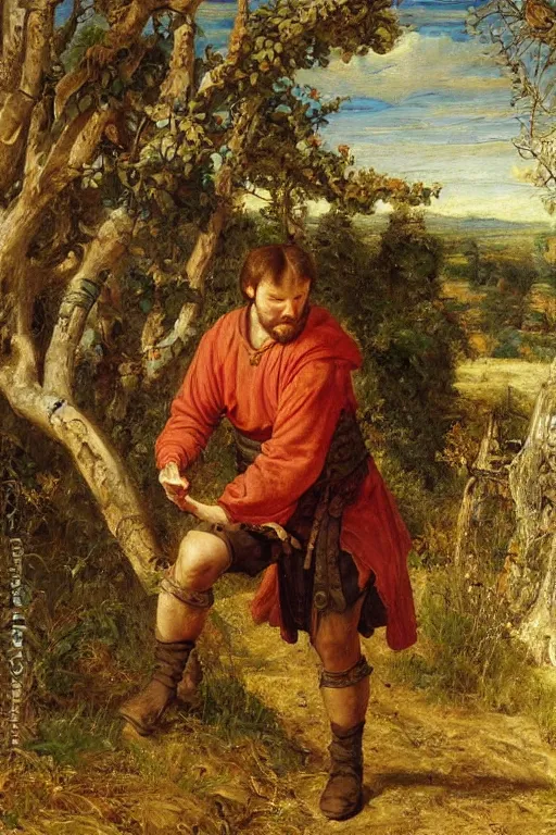 Image similar to a stumbling and falling medieval man as a oilpainting by Sophie anderson