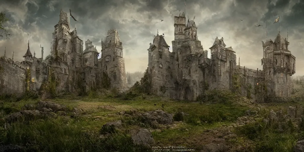 Prompt: matte painting, castle, dramatic landscape, overgrown, cinematic