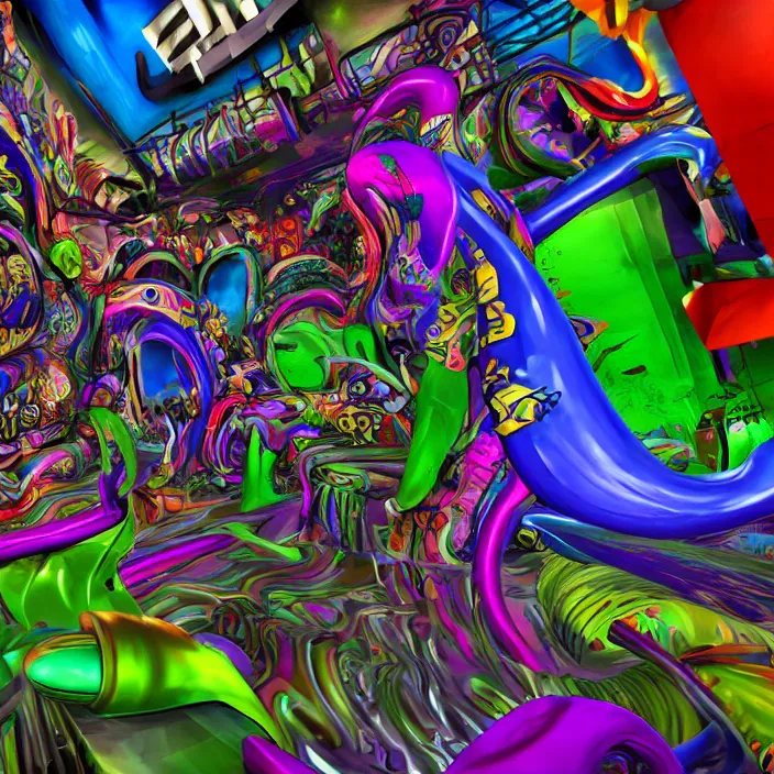 Prompt: graffiti twisted forms, inside the weird multicolored 3 d graffiti realm, high definition image, ps 2 graphics, ps 2 screenshot, computer render, extremely detailed and intricate