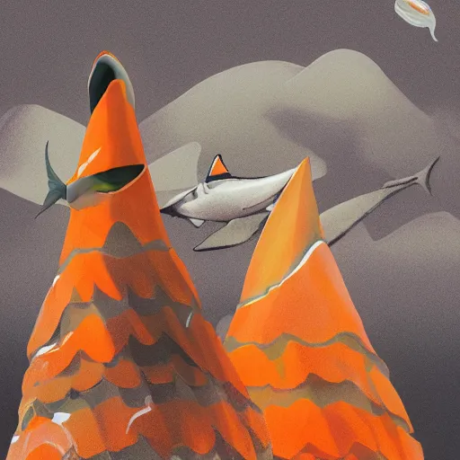 Image similar to orange and white striped traffic cone with 5 rows of shark teeth breaking through the cracks, ocean background detailed atmospheric - ron cheng & alphonse mucha, highly detailed, digital painting, ray tracing, concept art, illustration, smooth sharp focus, intricate, symmetry, artstation,