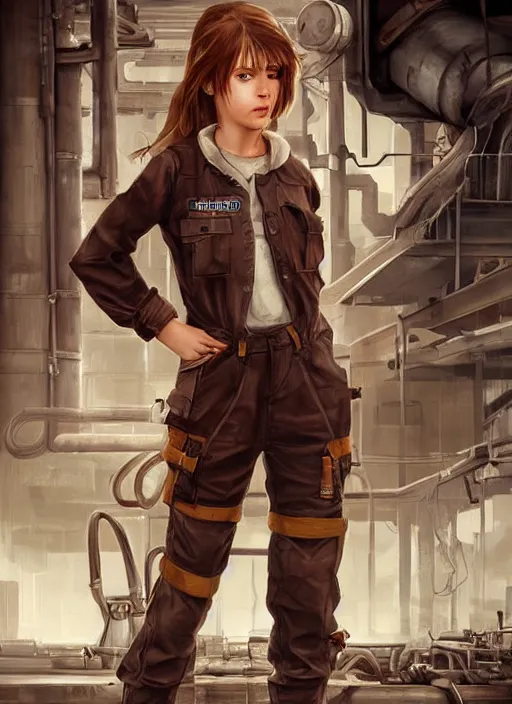 Image similar to a portrait digital painting of a young girl with hazel - brown hair. post - apocalyptic clothing. she's wearing a mechanics uniform and has been working on some large machinery. a factory background with big machines, pipes, computer monitors. painted by artgerm, ross tran.