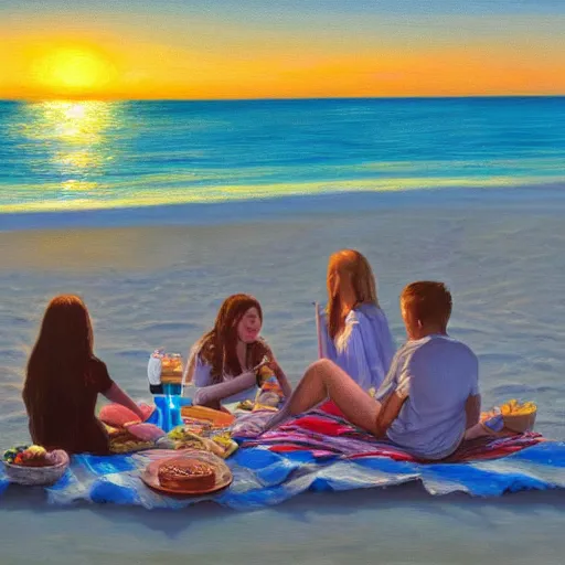 Image similar to Painting of a picnic on the beach at sunset, Greg rutoski style, WLD, digital masterpiece, highly detailed, 4K, oil painting on canvas