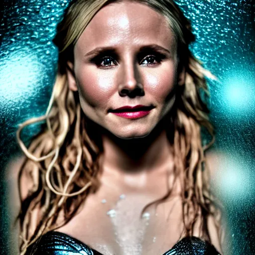 Image similar to Kristen Bell as a mermaid, grungy, unkept hair, glowing eyes, modelsociety, wet from rain, radiant skin, huge anime eyes, RTX on, bright on black, dramatic, studio lighting, perfect face, intricate, Sony a7R IV, symmetric balance, polarizing filter, Photolab, Lightroom, 4K, Dolby Vision, Photography Award