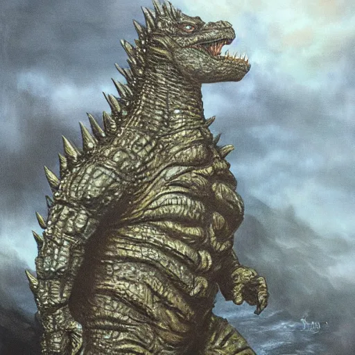 Image similar to Godzilla, elden ring boss, matte painting, detailed, elden ring, oil on canvas