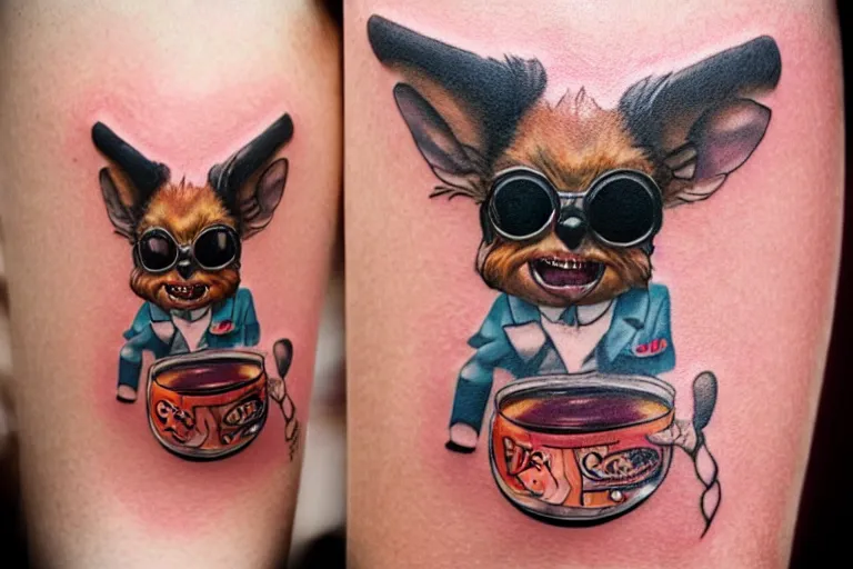 Prompt: a cute hyper realistic tattoo of gizmo from the movie gremlins wearing a wedding suit and looking happy in the style of sailor jerry. new school tattoo, tattoo, dslr