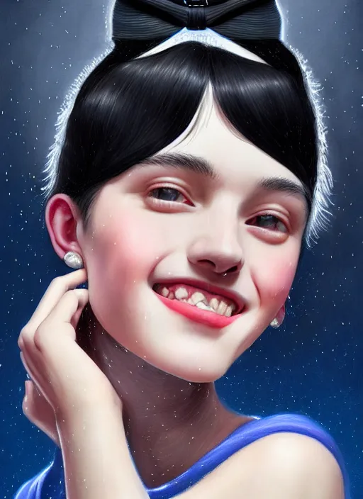 Image similar to portrait of high school girl, realistic, black hair, bangs, half updo hairstyle, pointy nose, skinny, smile, ugly, defined jawline, big chin, blue hair bow, earrings, intricate, elegant, glowing lights, highly detailed, digital painting, artstation, sharp focus, illustration, art by wlop, mars ravelo and greg rutkowski